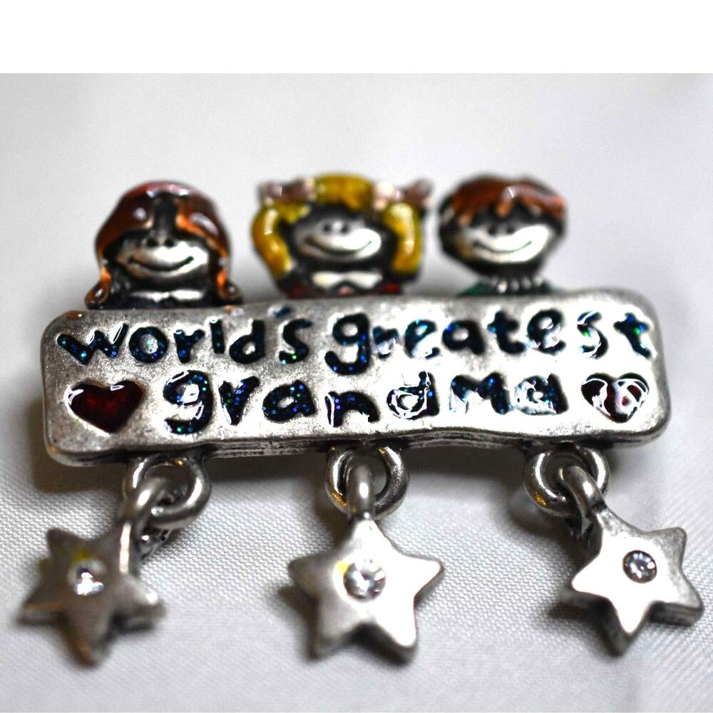AJMC Timeless Worlds Greatest Grandma Silver Tone Rhinestone Star Charms Brooch